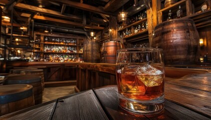 Whiskey on the Rocks in Rustic Bar