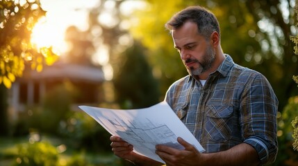 In a serene outdoor location, an architect studies detailed blueprints for a new home design, thoughtfully considering customer modifications while bathed in warm sunlight
