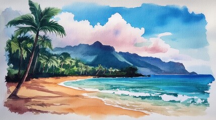 Serene Tropical Beach Watercolor Painting with Palm Trees and Mountains