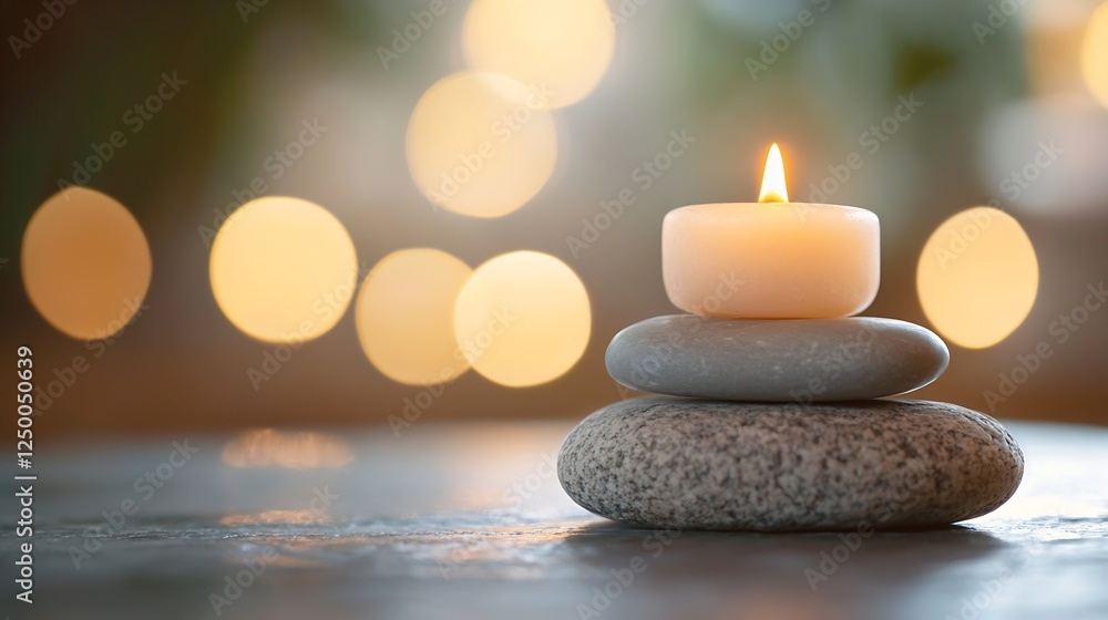 Poster Tranquil Scene of Spa Aromatherapy Candle on Zen Stones with Warm Bokeh Background : Generative AI