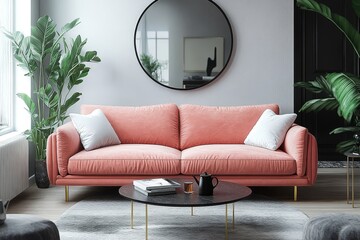 Light pink velvet three-seater sofa with gold legs in elegant living room, modern decor, black accessories, large mirror, green plants, decorative cushions, round coffee table with teapot, stylish int