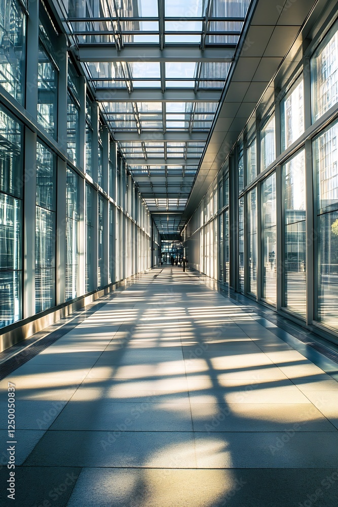 Aufkleber Spacious corridor in a modern building with clear glass walls and soft patterns of light : Generative AI