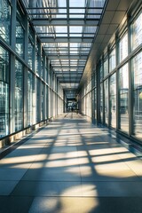 Spacious corridor in a modern building with clear glass walls and soft patterns of light : Generative AI