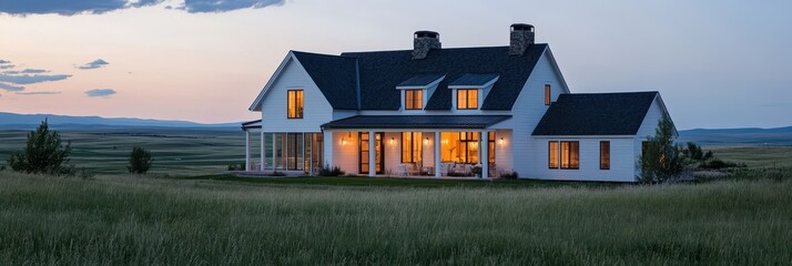 Modern farmhouse at dusk in a field.