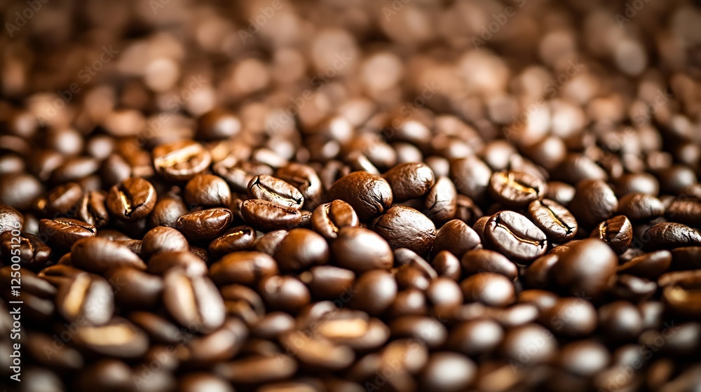 Poster Close up view of rich roasted coffee beans with a bokeh background showcasing depth and texture : Generative AI