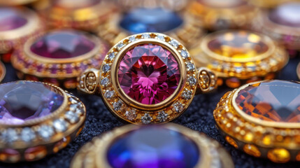 Fototapeta premium Elegant jewels with vibrant gemstones on dark background create stunning display