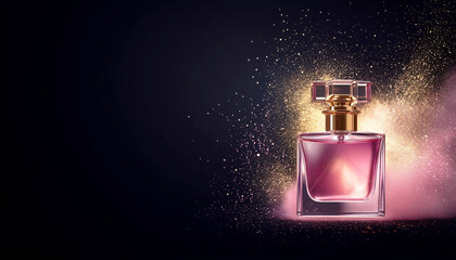 A backdrop with a perfume bottle emitting golden mist.  Generative AI.