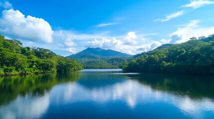 Breathtaking Scenic View of Lake Surrounded by Lush Green Mountains Under Blue Sky : Generative AI