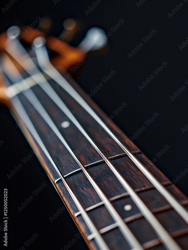 Poster Close-up view of a wooden guitar neck and strings with dark background emphasizing craftsmanship : Generative AI