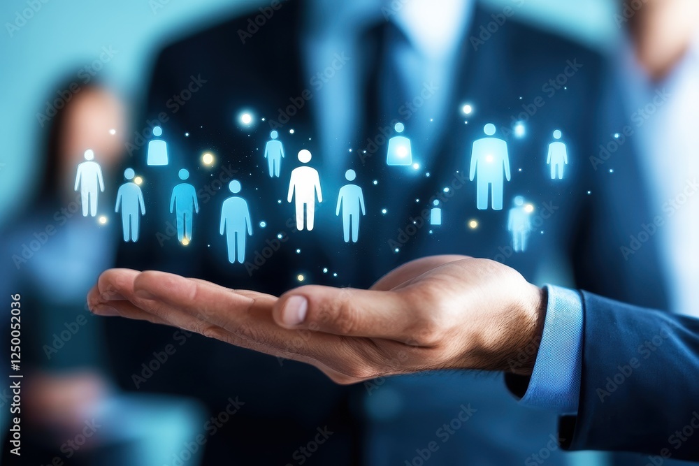 Poster business professional showcasing virtual connectivity with holographic people icons representing net