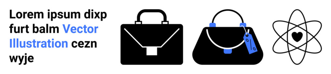 Minimalist briefcase, handbag with tag, and atom illustration. Bold lines, clean edits. Ideal for fashion, science, branding, e-commerce professionalism elegance flat landing page banner