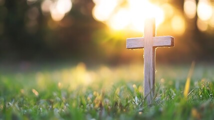Wooden Cross in Sunlight with Vibrant Natural Background for Spiritual Reflection : Generative AI
