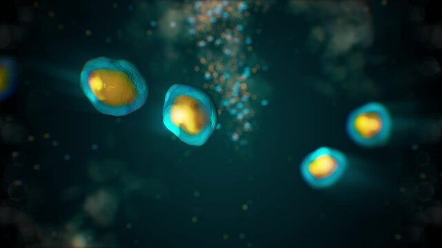 scientific animation of blue and yellow cell replication with dark particle background