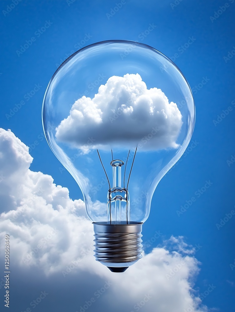 Poster innovative light bulb with cloud reflections representing creativity in technology : generative ai