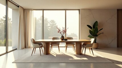 Modern minimalist dining room design with natural light streaming through large windows, showcasing a wooden dining table, beige chairs, and elegant decor.