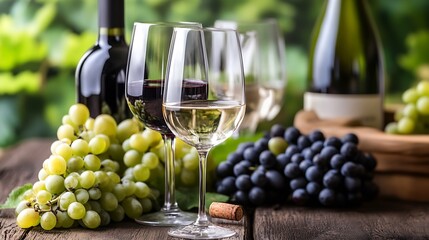 Obraz premium Variety of Grapes and Wine Glasses on Table Ready for Tasting and Celebration : Generative AI