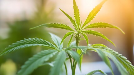 Obraz premium Close-up of cannabis leaves glowing in sunlight representing natural healing and relaxation : Generative AI