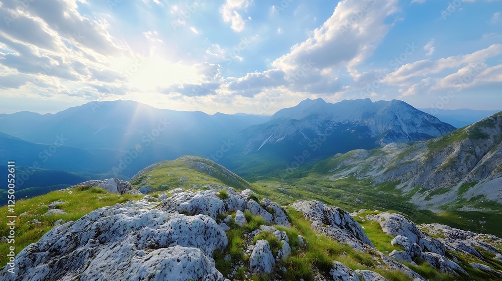 Poster stunning panoramic view of majestic mountains basking in bright sunlight with beautiful clouds : gen