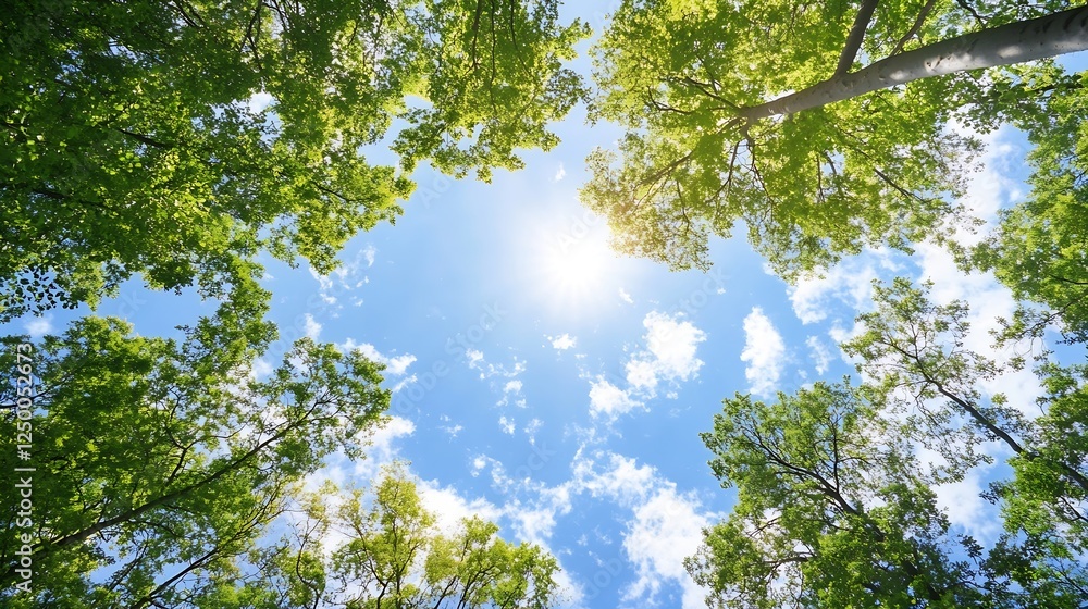 Poster bright and uplifting view of lush green tree tops against a clear blue sky with sunlight shining thr
