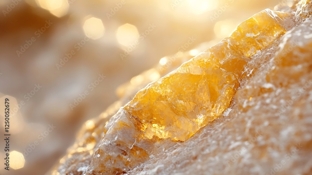 Poster close up of sparkling amber mineral rock reflecting golden sunlight on a natural background : genera