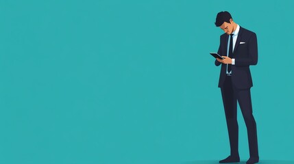 Obraz premium Businessman in Formal Attire Checking Smartphone Against a Vibrant Blue Backdrop in an Urban Setting