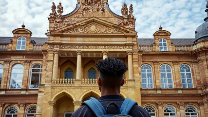 Young traveler admires historic architecture in a vibrant city square on a sunny day