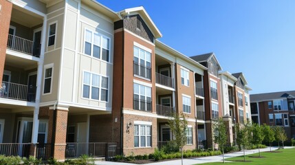 Obraz premium Exterior View of Modern Apartment Buildings on a Sunny Day with Blue Sky