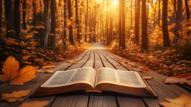 Open book autumn forest path sunset reading