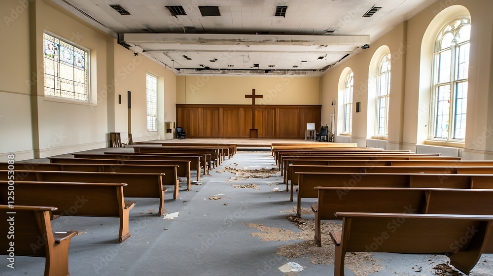 Aufkleber Abandoned Church Interior With Empty Pews and Dusty Floors in a Quiet Setting : Generative AI