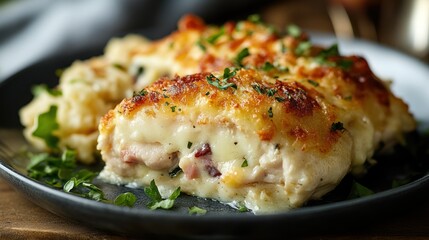 Creamy chicken breast with cheesy topping and mashed potatoes.