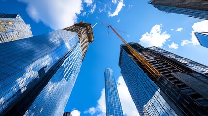 Imposing skyscrapers in construction against a bright blue sky and fluffy clouds. : Generative AI