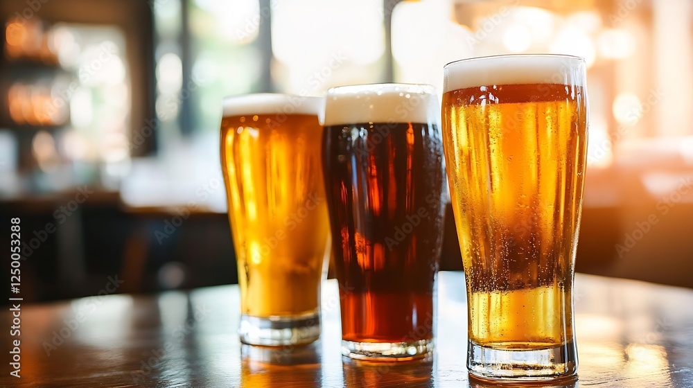Poster refreshing assortment of craft beers in clear glasses served on a wooden table : generative ai