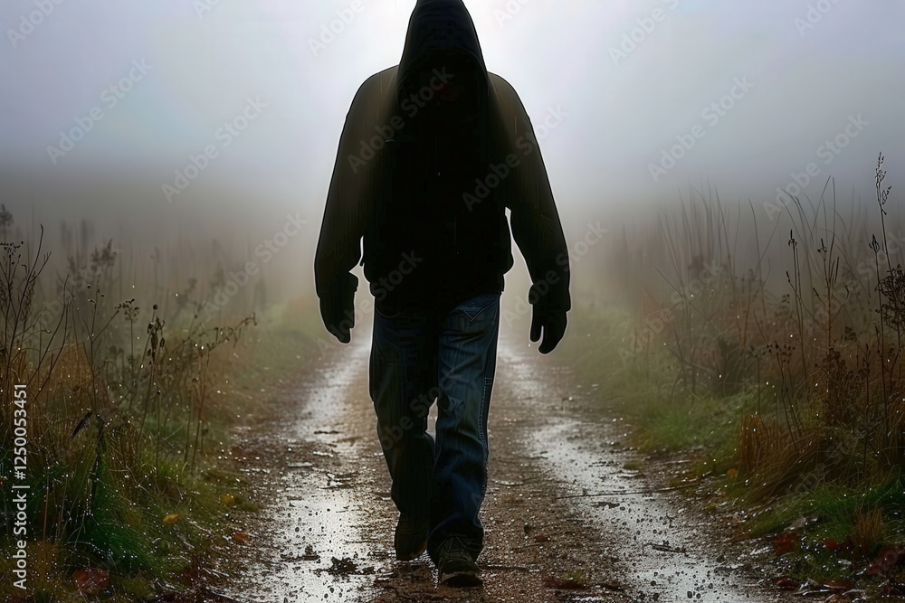 Poster a shadowy figure walks down a foggy path, creating an eerie and mysterious atmosphere.