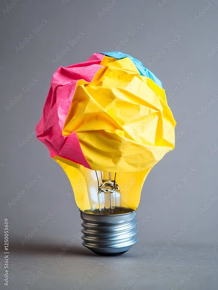 Poster creative light bulb with crumpled colorful paper representing innovation and ideas : generative ai