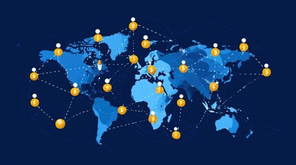 Fototapeta premium A digital map highlighting global connections with user icons and currency symbols, symbolizing networking and finance.