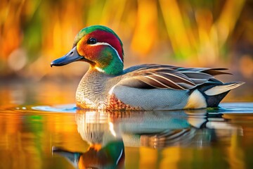 Stunning male teal duck, Anas crecca, graces a tranquil pond.