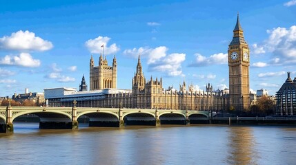 Fototapeta premium Iconic view of the Houses of Parliament and Big Ben on River Thames in London : Generative AI