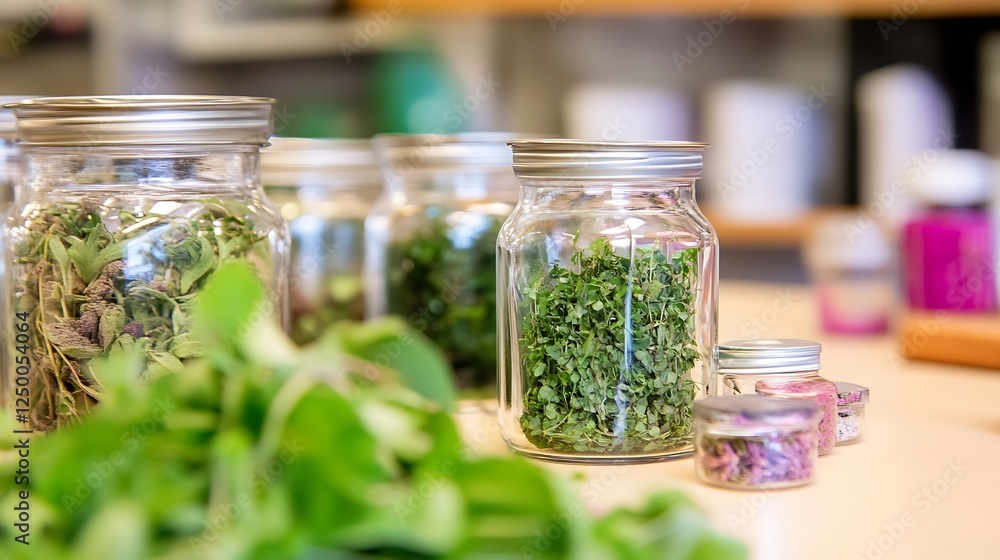 Poster freshly dried herbs in glass jars displayed on a rustic table in a herbal shop : generative ai