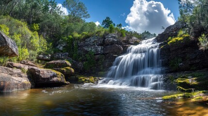Waterfall cascading down rocks into pool, sunny day, lush green forest background, nature photography