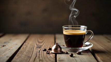 Aromatic Espresso in a Clear Glass Cup on Rustic Wooden Table with Coffee Beans and Small Copper Lid