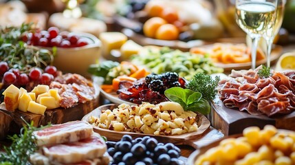 Gourmet Food Platter with Variety of Cheeses Fruits and Cold Cuts Perfect for Wine Pairing and Celebrations : Generative AI