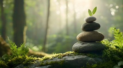 Stacked natural river rocks forming a balanced and tranquil tower in a serene moss covered forest landscape with lush greenery and soft diffused lighting  The image evokes a sense of mindfulness