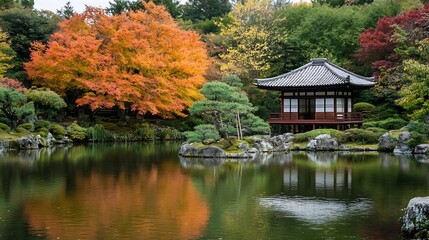 Tranquil Japanese Garden in Autumn with Colorful Foliage and Pavilion Reflected in Still Waters : Generative AI