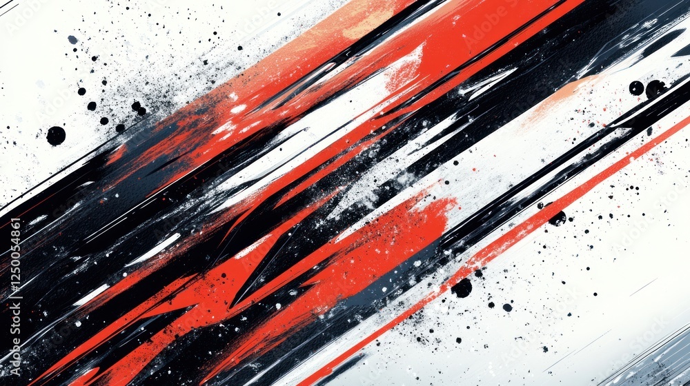 Poster abstract dynamic composition with bold red and black strokes on a white background