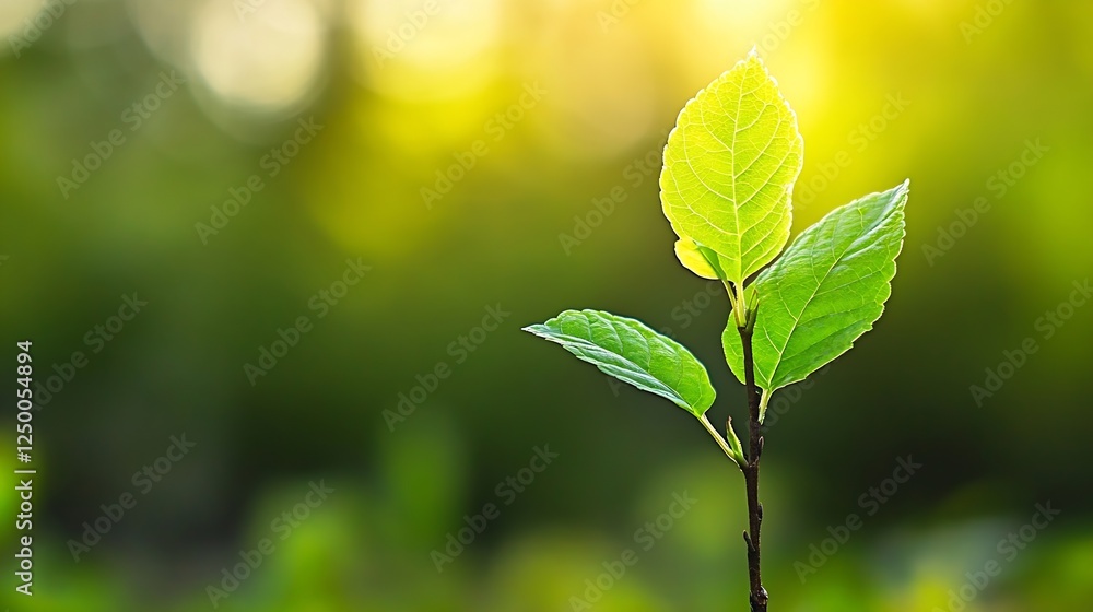 Poster Fresh Green Leaves in the Warm Sunlight with a Soft Focus Background : Generative AI