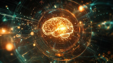 Fototapeta premium A digital brain glowing with interconnected neural links and AI symbols, showing the integration of artificial intelligence with cognitive processes in a modern