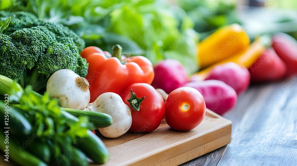 Poster fresh assortment of colorful vegetables including broccoli and bell peppers : generative ai