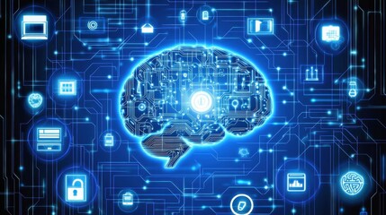 Obraz premium A digital brain with glowing neural pathways and artificial intelligence icons, visually representing the fusion of human cognition and advanced technology in the digital age