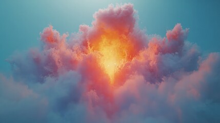 Fiery sunset light illuminating a hole in fluffy clouds.