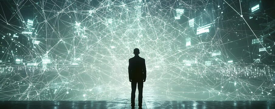 Hacker working with futuristic technology to decode complex networks, filled with digital symbols.